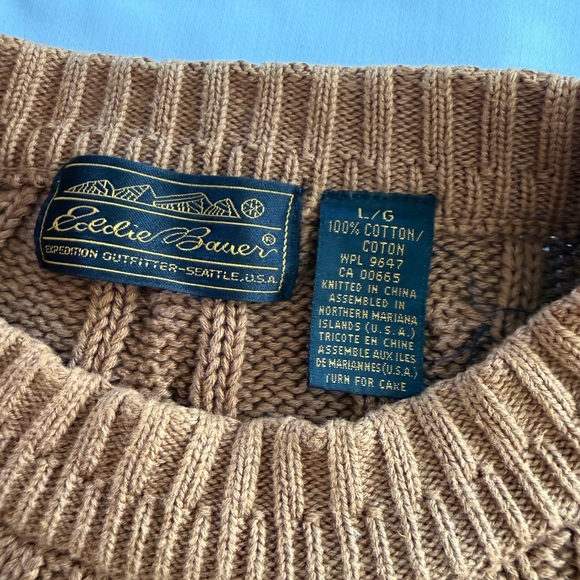 Vintage Eddie Bauer Men L Cable Knit Fisherman Cotton Crewneck Sweater Brown Tan - Picture 5 of 7